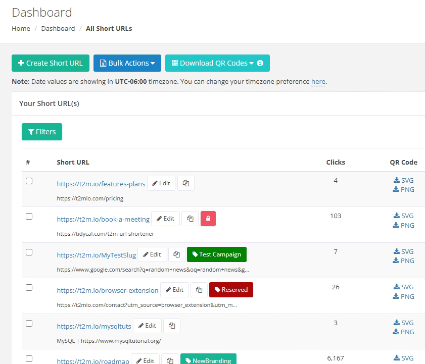 List of custom short URLs | T2M URL Shortener